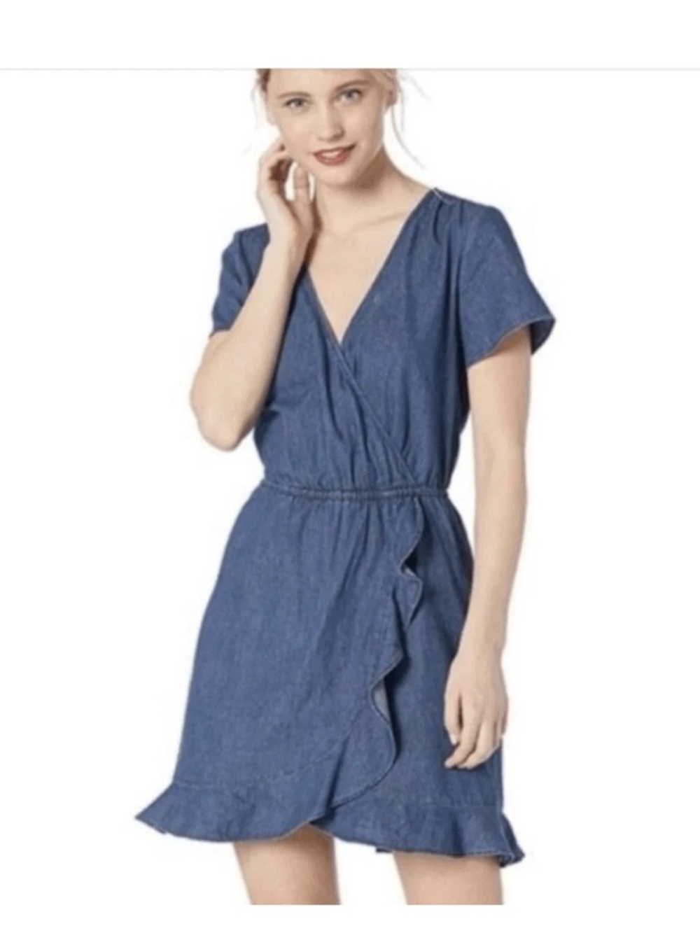 J. crew Merchantile Denim Chambray Faux Wrap Ruffle Hem Dress Size m